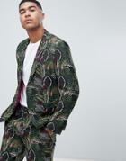 Asos Design Skinny Suit Jacket In Green Botanical Print In Linen Look - Green