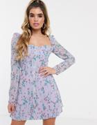 Missguided Square Neck Skater Dress In Lilac Ditsy Floral-purple