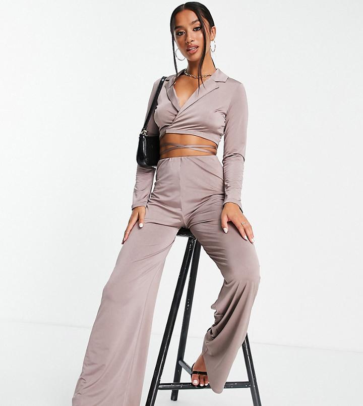 Asos Design Petite 00s Jersey Wrap Suit Satin Blazer In Mocha-brown