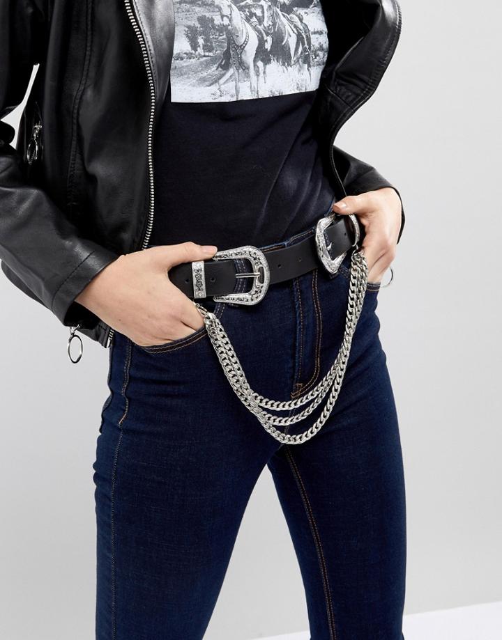 Asos Double Buckle Western Belt With Chain Detail - Black