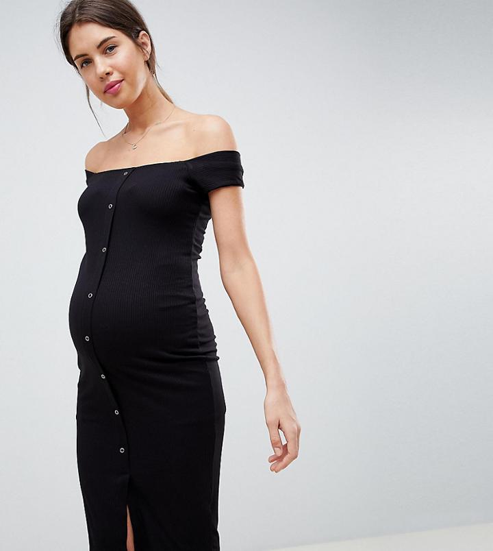Asos Design Maternity Off Shoulder Popper Front Midi Dress In Rib - Black