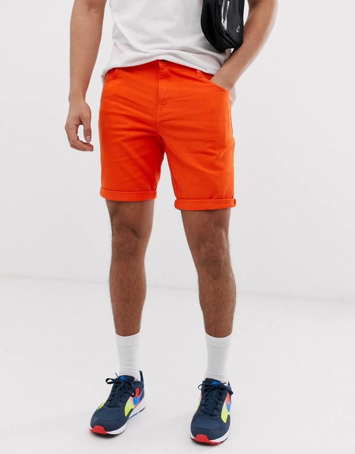 Asos Design Slim Denim Shorts In Orange