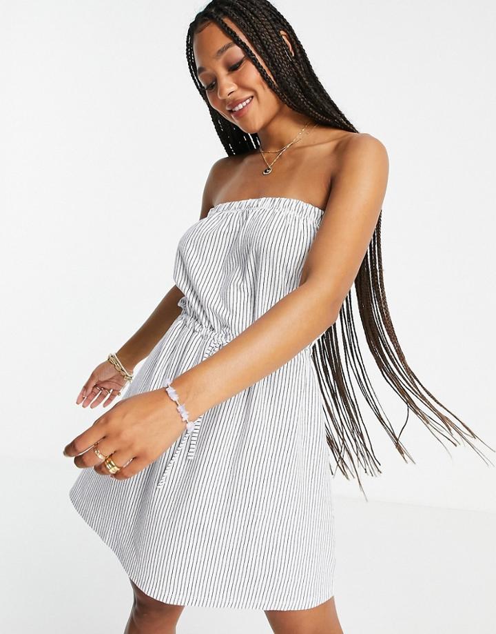Asos Design Mini Bandeau Sundress With Drawstring Waist In Navy And White Stripe