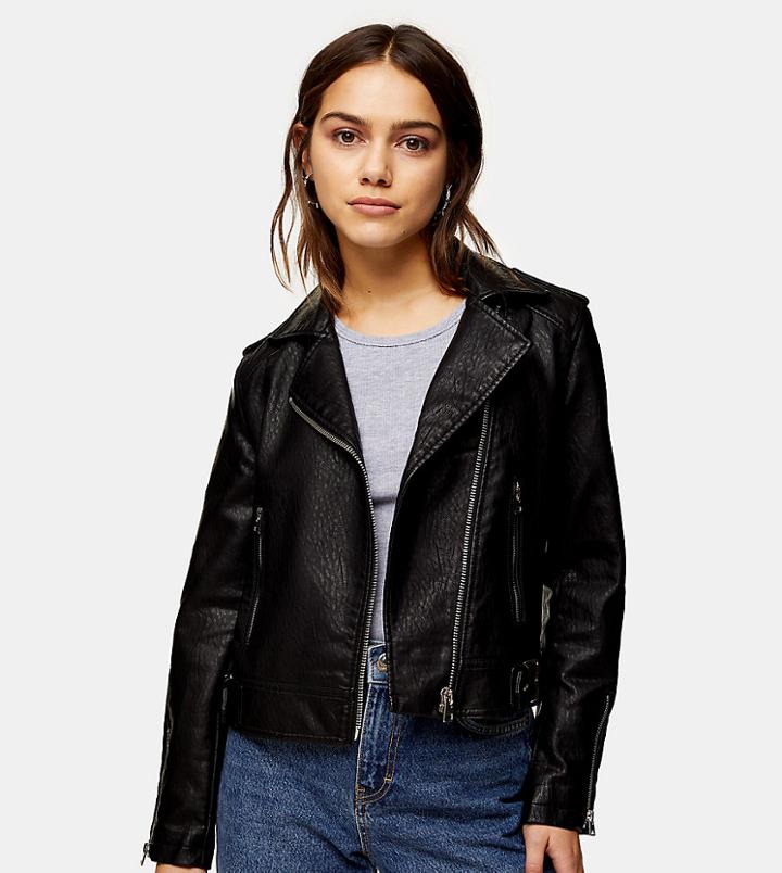 Topshop Petite Faux Leather Moto Jacket In Black