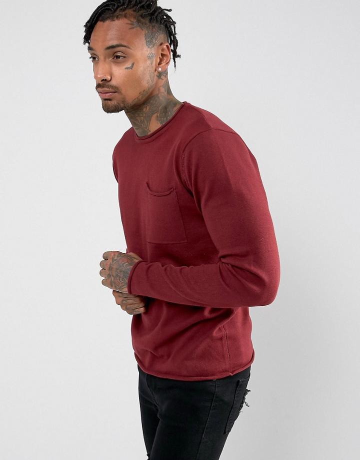 D-struct Knitwear Fine Gauge Crew Neck Knit With Pocket - Red