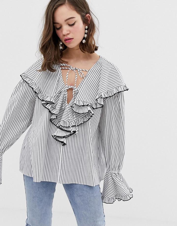 Sister Jane Shirt With Tie Front And Ruffle Bib In Stripe-white