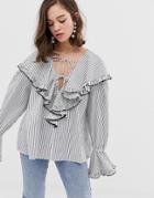 Sister Jane Shirt With Tie Front And Ruffle Bib In Stripe-white