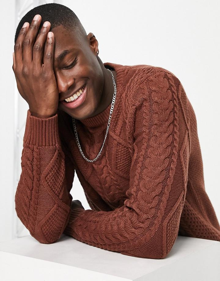 Jack & Jones Premium Cable Knit Sweater In Brown-neutral