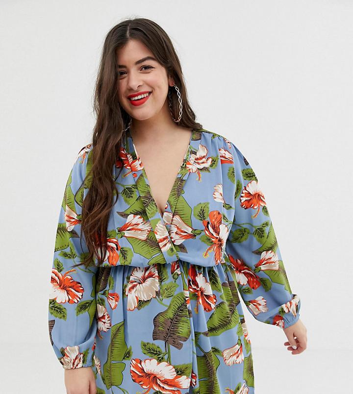 Ax Paris Plus Floral Midi Faux Wrap Dress - Blue
