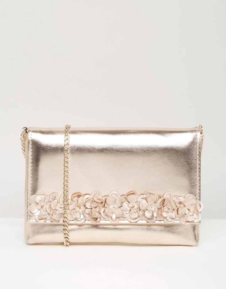 Dune Magnolea Clutch Bag With Floral Applique - Gold