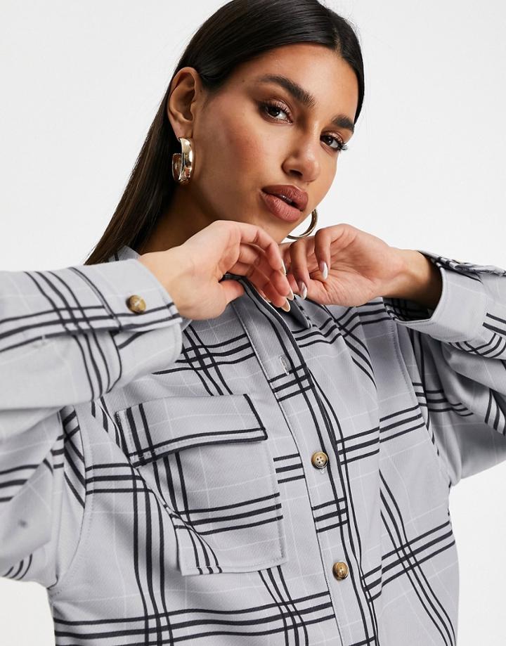 Asos Design Jersey Wfh Suit Shacket In Gray Grid Check-grey