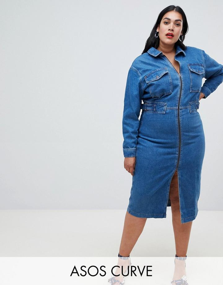 Asos Design Curve Denim Utility Dress In Midwash Blue - Blue
