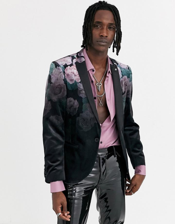 Twisted Tailor Super Skinny Velvet Blazer With Fade Floral Print In Pink-black