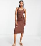 New Look Tall Ribbed Button Through Midi Body-conscious Dress In Brown
