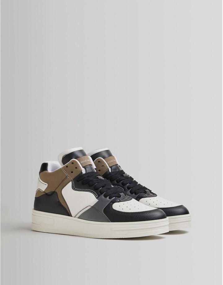 Bershka High Top Sneakers In Black And Khaki-multi