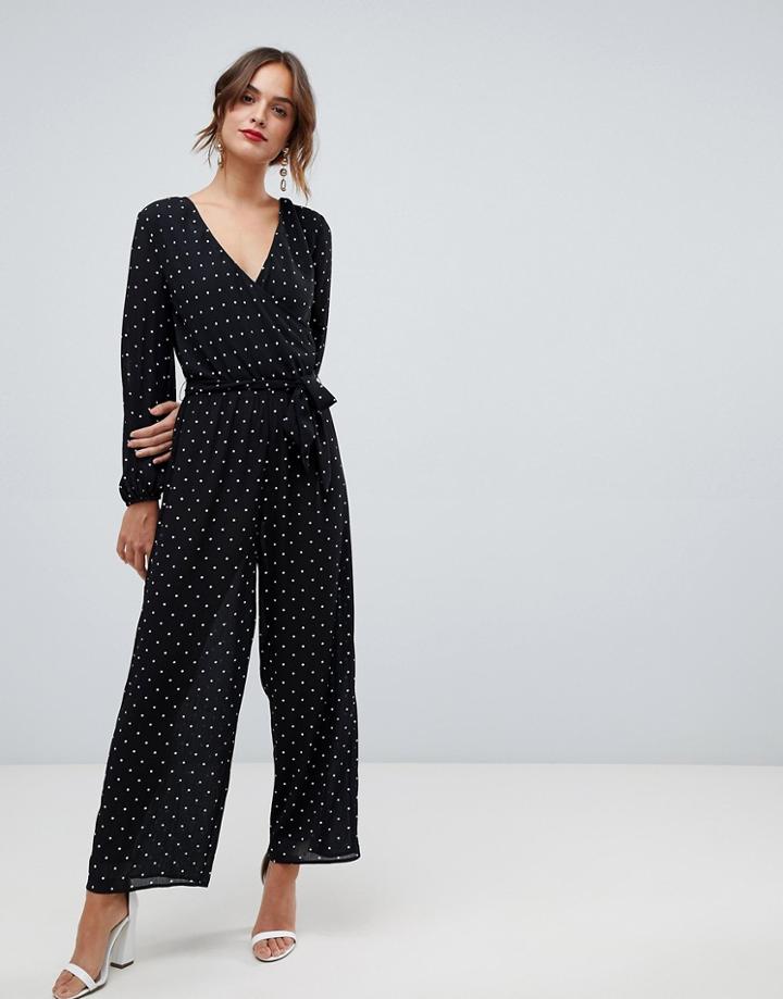 Asos Design Wrap Jumpsuit In Polka Dot-multi