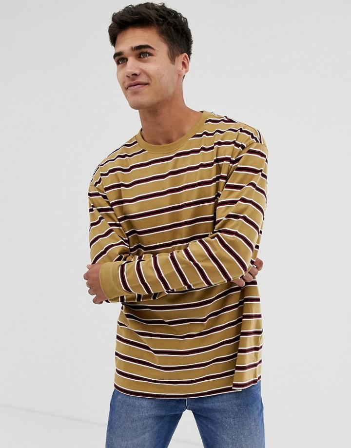 New Look Oversized Long Sleeve Cuff T-shirt In Caramel Stripe - Tan