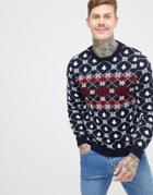 Asos Design Holidays Sweater With Festive Fairisle Design In Navy - Navy