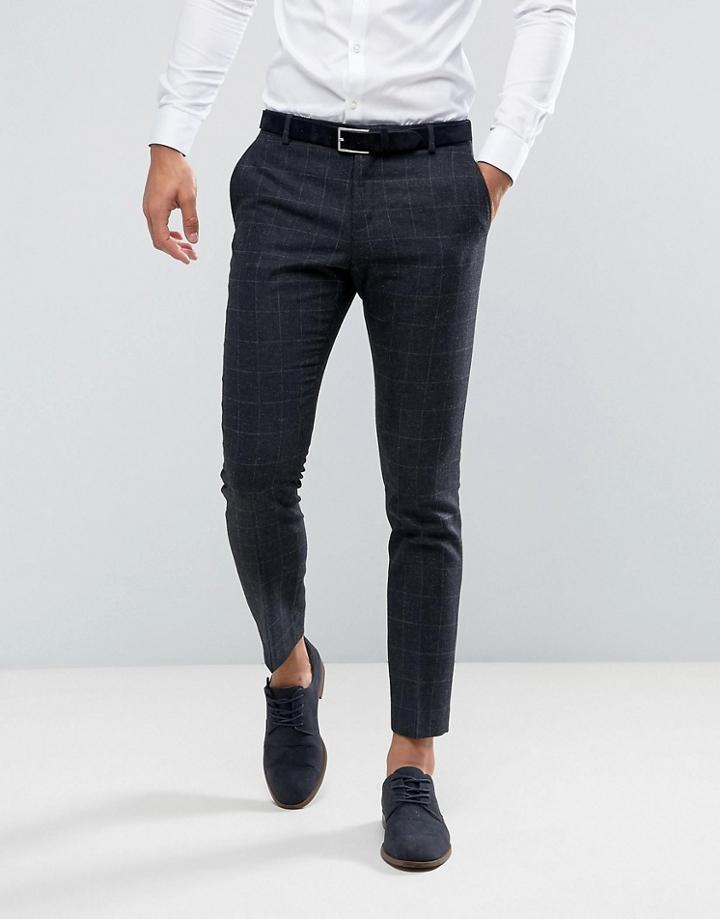 Selected Homme Slim Suit Pant In Wool Mix With Grid Check - Navy