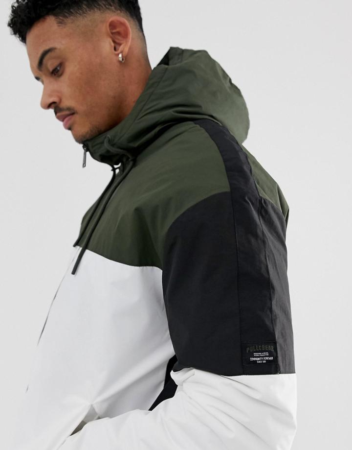 Pull & Bear Color Block Hooded Jacket In Khaki - Green