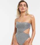 South Beach Exclusive Cut Out High Leg Swimsuit In Metallic Silver Glitter