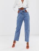 Lioness Pistol Foldover Belted Mom Jean In Stonewash Denim - Blue