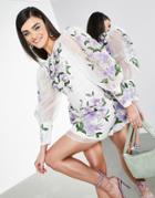 Asos Edition Embroidered Organza Mini Dress With Puff Sleeve-multi