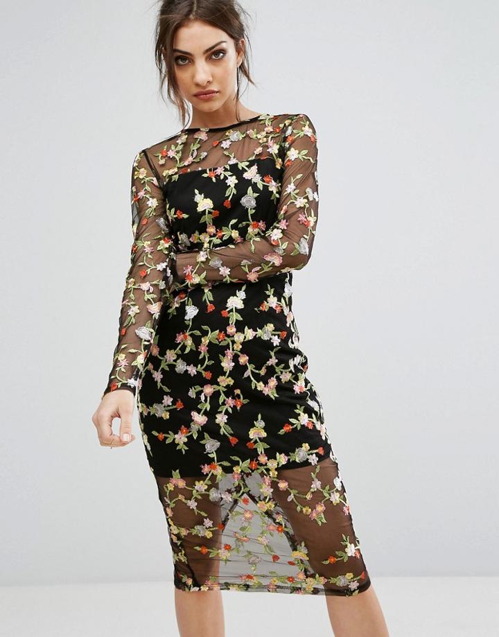 Prettylittlething Embroidered Mesh Midi Dress - Black