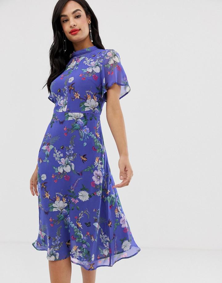 Oasis High Neck Midi Dress In Blue Floral - Blue