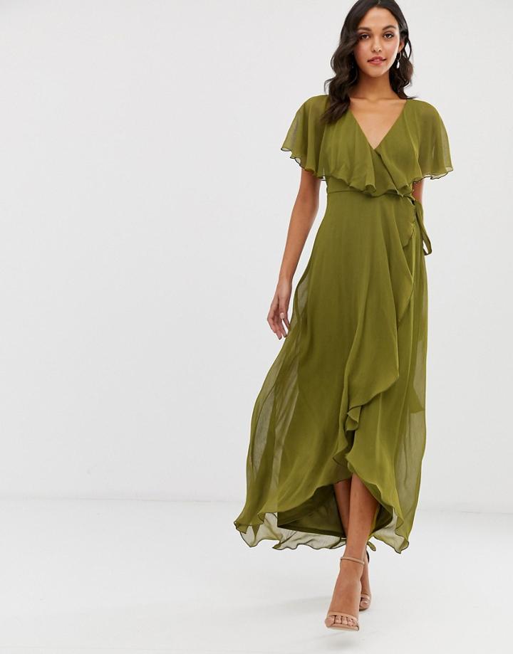 Asos Design Cape Back Dipped Hem Maxi Dress-green