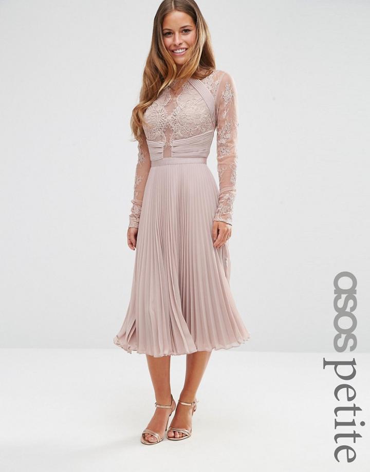 Asos Petite Wedding Pretty Lace Eyelash Pleated Midi Dress - Beige