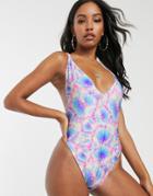 Asos Design Strappy Scoop Swimsuit In Neon Tie Dye - Multi