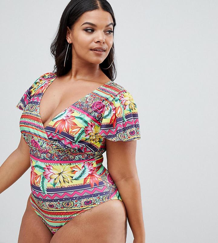 Asos Design Curve Flutter Sleeve Supportive Swimsuit In Geo-tribal Floral Print - Multi