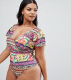 Asos Design Curve Flutter Sleeve Supportive Swimsuit In Geo-tribal Floral Print - Multi