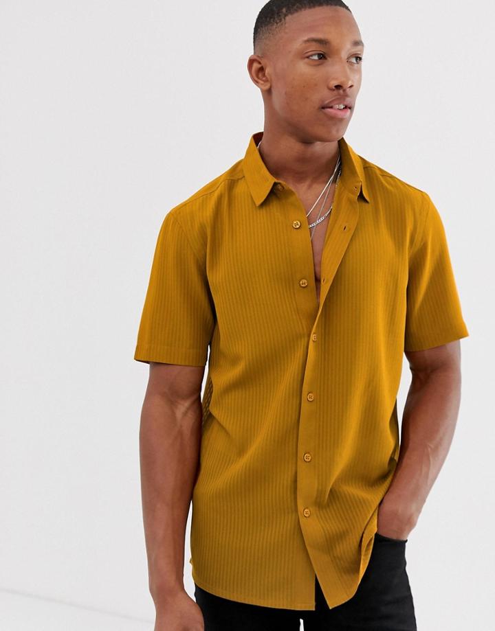 Asos Design Regular Fit Textured Stripe Shirt In Mustard With Revere Collar-yellow