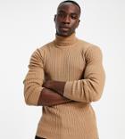 Brave Soul Tall Cotton Ribbed Turtle Neck Sweater In Tan-brown