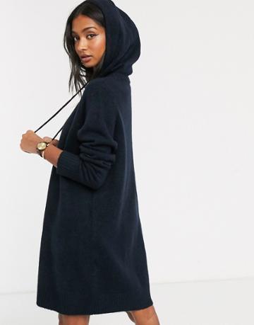 Micha Lounge Luxe Hooded Knit Sweater Dress With Tie Detail-navy