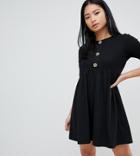 Asos Design Petite Mixed Fabric Mini Smock Dress With Faux Horn Button-black