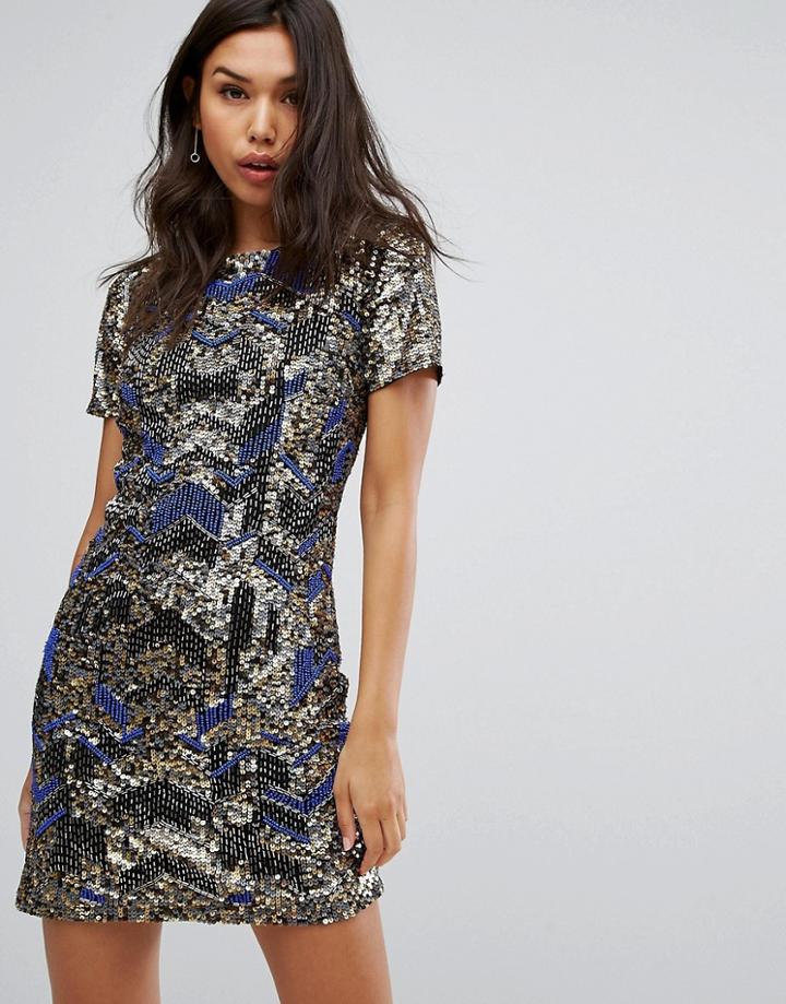 Starlet Embellished Shift Dress In Zig Zag Pattern - Blue