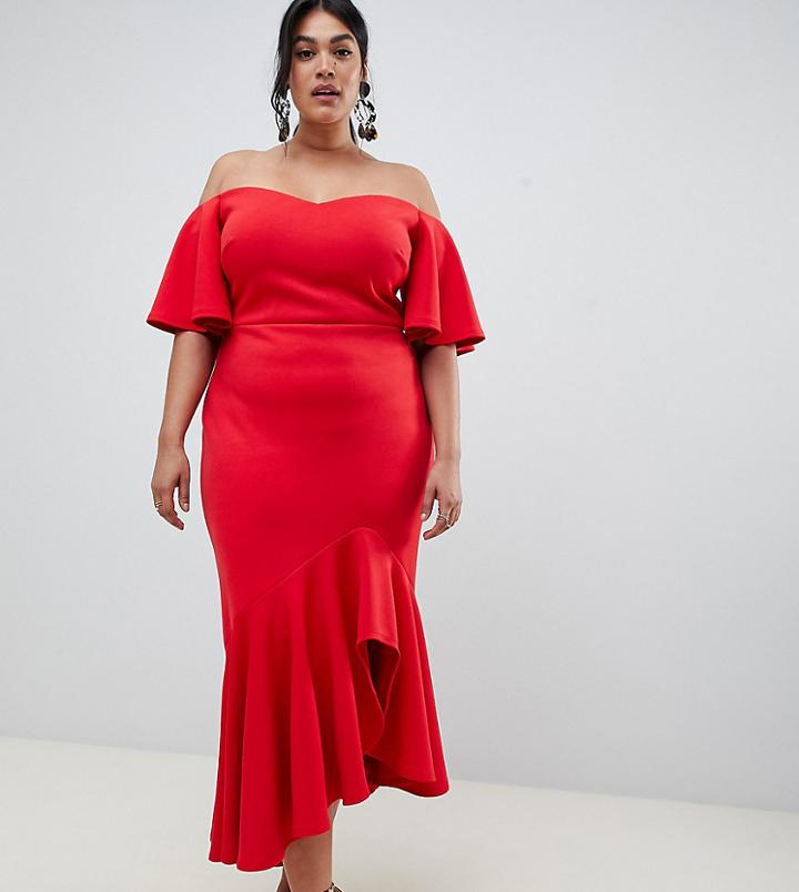 True Violet Plus Bardot Midi Dress With Dramatic Frill Detail In Red - Red