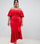 True Violet Plus Bardot Midi Dress With Dramatic Frill Detail In Red - Red