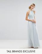 Maya Tall High Neck Maxi Tulle Dress With Tonal Delicate Sequins - Blue