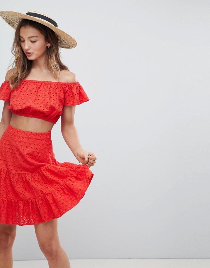 Asos Design Off Shoulder Broderie Crop Top Co-ord - Red