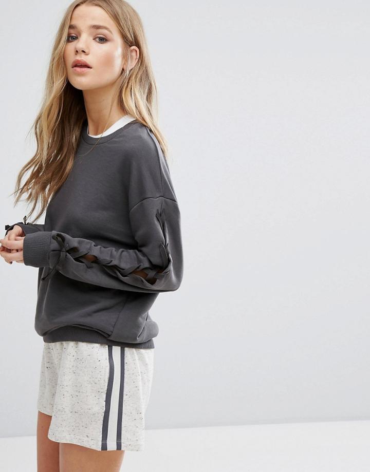 New Look Lace Up Sleeve Detail Sweatshirt - Gray