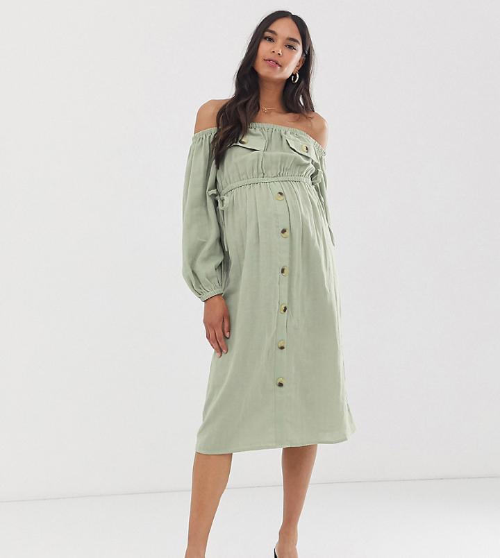 Asos Design Maternity Off Shoulder Utility Midi Dress With Pocket Detail-green
