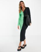 Asos Design Midi Cardigan Style Dress In Color Block Green And Black-multi