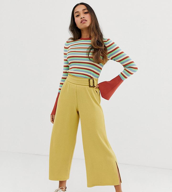 Asos Design Petite Wide Leg Culotte In Textured Rib With Tortoiseshell Buckle - Yellow