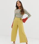 Asos Design Petite Wide Leg Culotte In Textured Rib With Tortoiseshell Buckle - Yellow