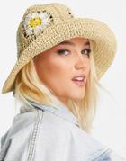 Asos Design Packable Crochet Straw Bucket Hat With Flower In Natural With Size Adjuster-neutral