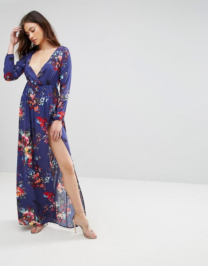 Club L Long Sleeve Floral Printed Maxi Dress - Purple